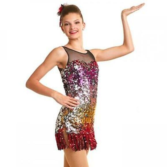 Dance Costume Medium Adult Multi Curtain Call J5075 Jazz Tap Sequin Fringe - Picture 1 of 2